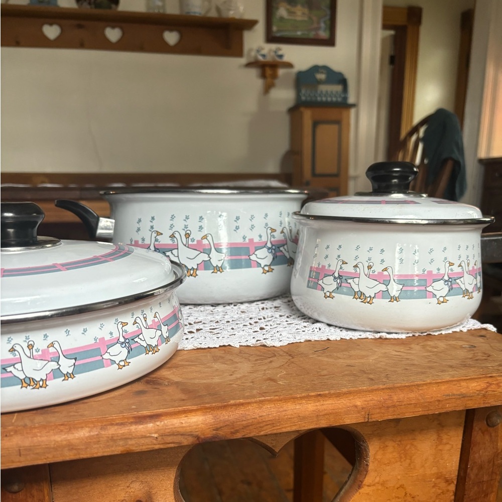 SOLD Vintage Enamel Geese Pot & Pan Set - Picture 3 of 9